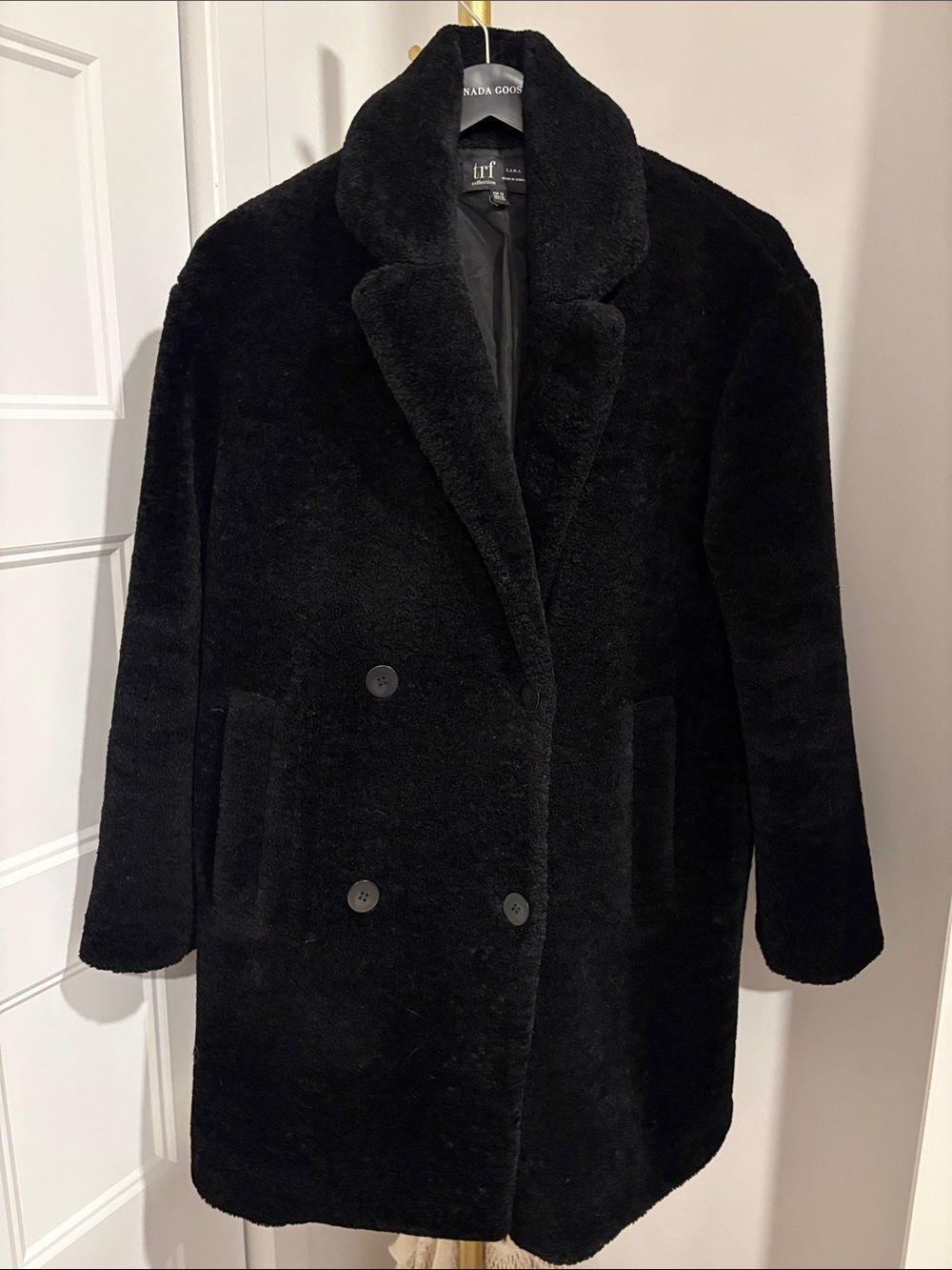Zara Black Double-Breasted Teddy Coat